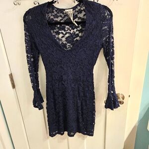 Free People Elegant Navy Lace Mini Dress
